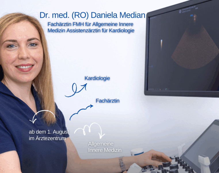 AWZ-Daniela-Median-Instagram-Post-aspect-ratio-725-572 Dr. med. (RO) Daniela Median, Fachärztin für Innere Medizin, bei der Arbeit am Ultraschallgerät, mit grafisch hervorgehobenen Fachbereichen
