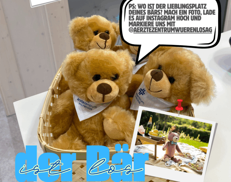der-Baer-1-aspect-ratio-725-572 Korb mit drei Teddybären, die ein Halstuch des Ärztezentrums Würenlos tragen, daneben eine Sprechblase mit Instagram-Wettbewerbsaufruf.